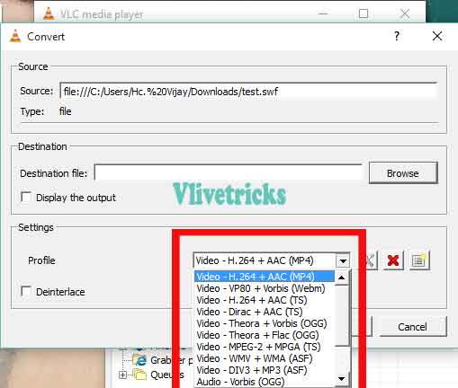 convert swf to video formats list in vlc