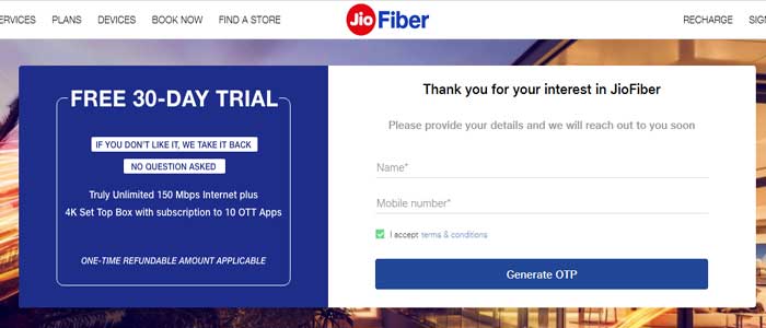 Jio Fiber Free 30 Days apply form