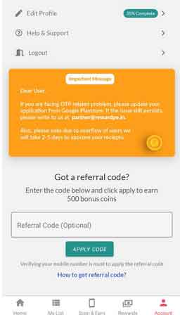 enter referral code of rewardpe app