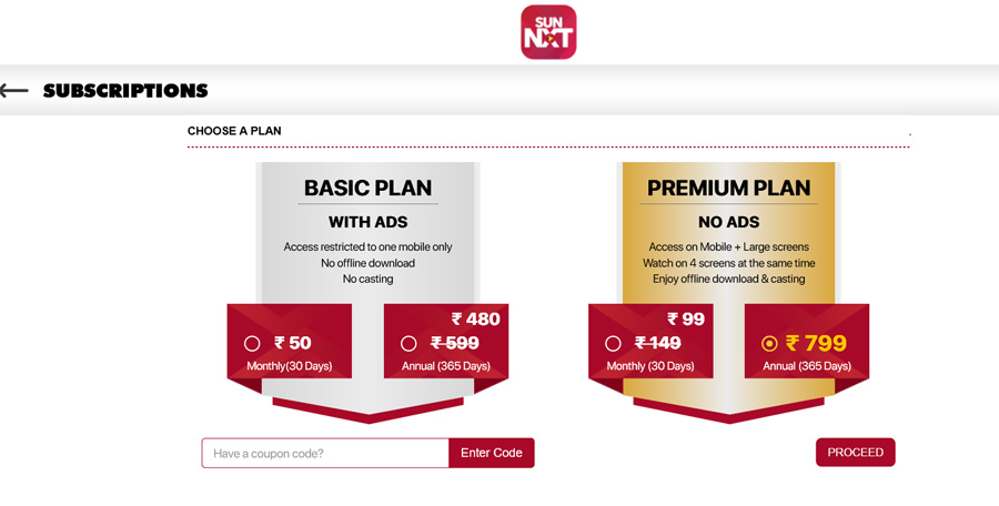 Sun nxt subscription plans price